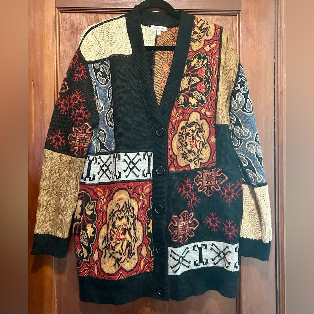 Johnny Was Caspia Alpaca Patchwork Pattern Cardigan Sweater—Size L (12-14)